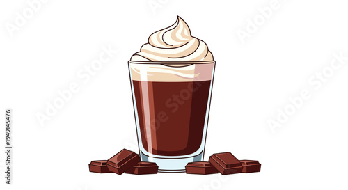 A tall, clear glass filled with dark brown chocolate liquid and topped with a swirl of white whipped cream stands on a white surface, surrounded by five irregular chocolate bar pieces.