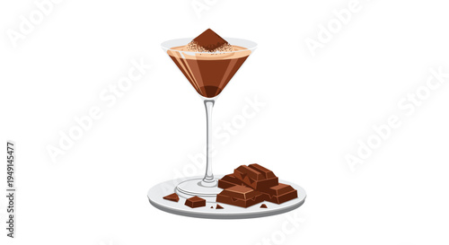 A stemmed martini glass containing a brown frothy chocolate drink with a square chocolate garnish sits on a white round plate, surrounded by a pile of various chocolate bar pieces.