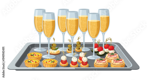 A rectangular silver serving tray holds eight champagne flutes filled with golden liquid and an array of diverse appetizers.