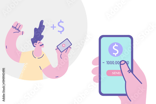 Overjoyed woman get paid online on mobile