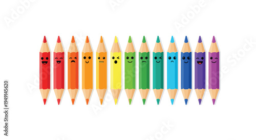 A horizontal line of twelve double-ended colored pencils, each displaying a unique cartoon facial expression, spans the frame.