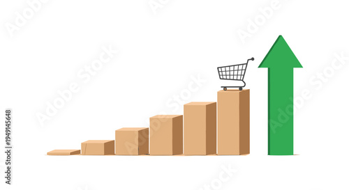 A bar chart with five increasing brown rectangular bars features a prominent solid green arrow pointing sharply upwards with a shopping cart.
