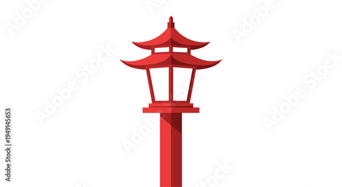 A tall, slender red pole supports a two-tiered, pagoda-style Japanese lantern with intricate roof details, standing centrally.