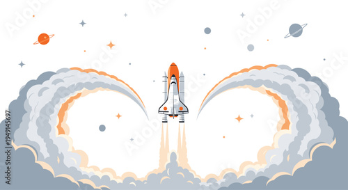 A white and orange space shuttle ascends into a starry cosmos, leaving two symmetrical, arcing trails of grey and orange smoke with planets.