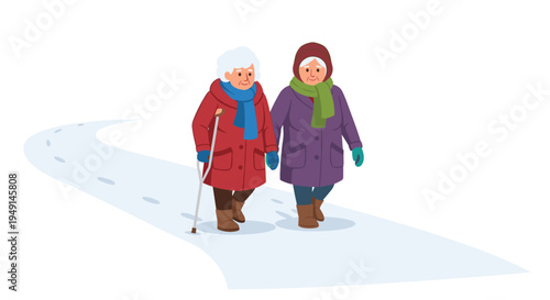 Two elderly women, one with a cane, walk along a snowy path with visible footprints, bundled in colorful winter coats and scarves.