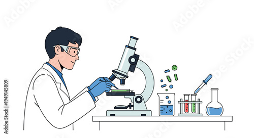 A male scientist in a lab coat and safety goggles observes a sample through a microscope on a lab bench with various glassware.