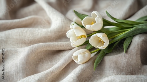 White Flowers and Green Leaves on Soft Fabric in a Light Setting