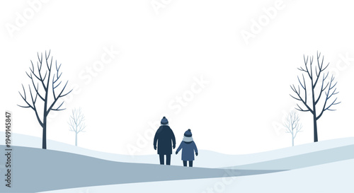 Two small figures walk away into a serene, minimalist snowy landscape featuring gentle hills and bare trees under a pale sky.