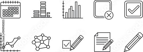 Business analytics and office workflow outline icons set including charts calendar checklist documents and writing tools