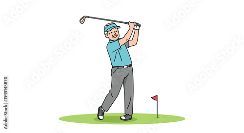 A cartoon elderly man with a blue visor swings a golf club on a small patch of green grass with a red flag on a white background.