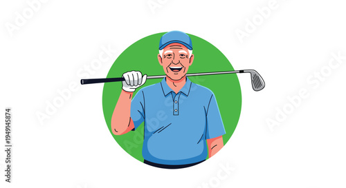 A smiling elderly man in a blue polo shirt and cap holds a golf club over his shoulder, depicted within a green circle on a white background.