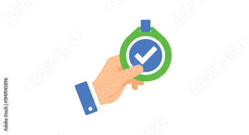 A light-skinned hand with a blue shirt cuff firmly holds a circular green badge with a blue circle and white checkmark on a white background.