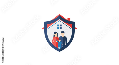 A stylized family inside a house icon is securely enclosed within a blue and red shield on a pristine white background.