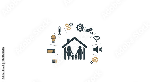 A family silhouette inside a house icon is surrounded by smart home technology symbols on a clean white background.