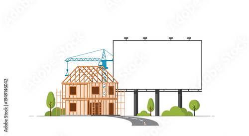 A wooden-framed house under construction with a blue crane stands next to a large blank billboard on a winding road.