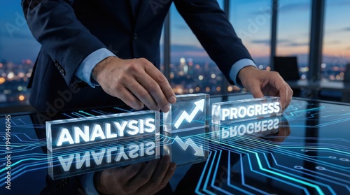 Businessman arranging glowing blocks representing analysis and progress for corporate growth and success.