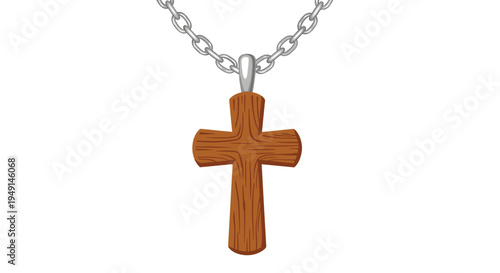 A textured wooden cross pendant with visible grain hangs from a sturdy silver chain against a clean white background.