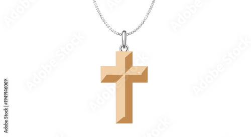 A polished golden cross pendant with smooth surfaces hangs from a delicate silver chain against a pristine white background.