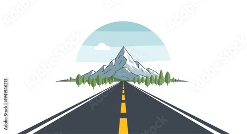 A straight, dark asphalt road with a yellow dashed line leads directly towards a stylized mountain range flanked by green trees under a light blue semi-circular sky.