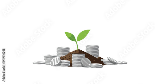A small green seedling with two vibrant leaves is growing from a mound of dark brown soil surrounded by scattered silver coins on a clean white background.