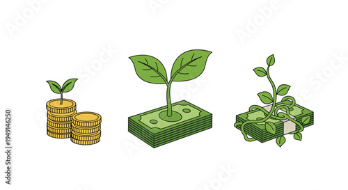 Three distinct illustrations show money growth, including a plant on gold coins, a plant from banknotes, and banknotes wrapped in green vines on a clean white background.