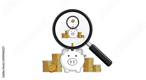 A large magnifying glass with a black handle is positioned directly over a white piggy bank and stacks of gold coins on a clean white background.