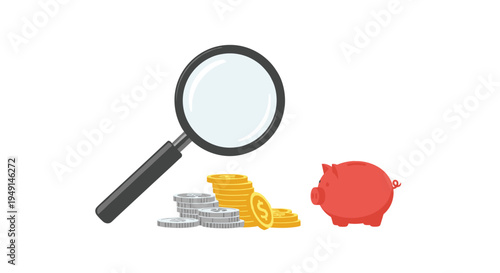 A large magnifying glass with a black handle is placed beside three stacks of silver and gold coins and a red piggy bank on a clean white background.