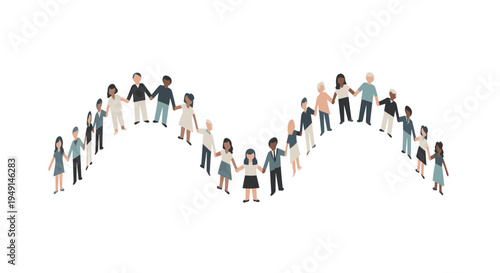 A diverse group of twenty-six casually dressed individuals of various ages and ethnicities are holding hands in a long, wavy line on a pristine white background.