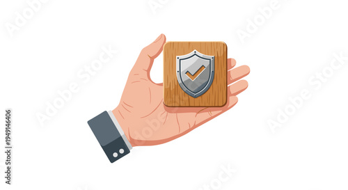 A human hand with a dark suit sleeve and white cuff firmly grasps a square wooden block displaying a silver shield with a checkmark.