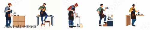 Collection of professional male baristas brewing artisanal pour-over coffee in a minimalist flat vector illustration style.