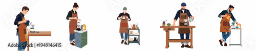 Flat illustration set of professional baristas brewing pour-over specialty coffee with various equipment on a white background.