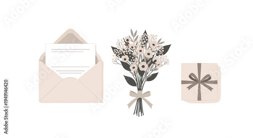 An open light beige envelope with a blank white letter, a stylized bouquet of neutral-toned flowers tied with a beige ribbon, and a wrapped gift box are arranged on a pristine white background.