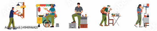 Set of diverse people enjoying traditional Thai street food, specifically Pad Thai, from various outdoor food stalls and carts in a vector illustration style.