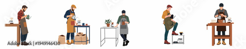 Set of professional male baristas in aprons brewing pour-over coffee using gooseneck kettles, minimalist flat vector illustrations on white background.