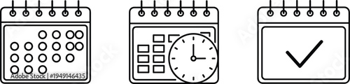 Calendar planning icons with schedule date time management and task completion outline vector set for productivity