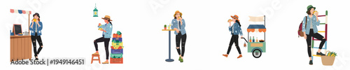 Flat vector illustration of a young woman enjoying tacos and street food in various casual settings, featuring food stalls, carts, and fresh produce.