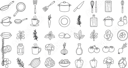 A collection of kitchen utensils and food items isolated on transparent background