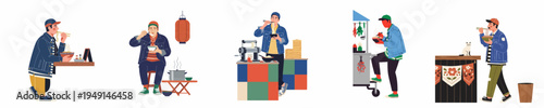 Collection of flat vector illustrations depicting young men enjoying various types of Asian noodles and ramen in different street food and urban settings.