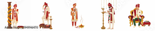 Illustration collection of an Indian groom in traditional wedding attire performing various sacred rituals and ceremonies.