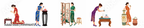 Collection of flat vector illustrations depicting elegant women in traditional Chinese qipao dresses performing various aspects of a traditional tea ceremony.