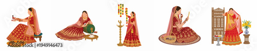 Set of flat vector illustrations depicting an Indian bride in traditional red lehenga performing various wedding rituals and bridal preparations.