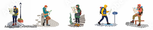 Set of diverse travelers and hikers in outdoor gear navigating urban and rural paths using paper maps during their adventure and journey.
