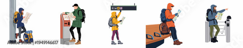 Set of flat vector illustrations of travelers with backpacks looking at maps and navigating through a city or transit station.