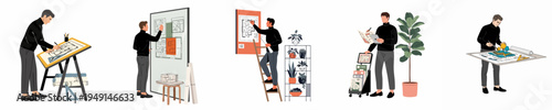 Set of illustrations featuring a male architect working on floor plans, drafting, researching, and building 3D models in a professional studio environment.