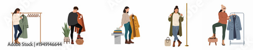 Flat vector illustration of people shopping for sustainable and eco-friendly clothing in a modern boutique, choosing coats and jackets with recycle labels.