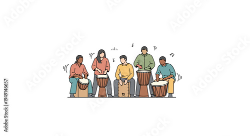 Six diverse individuals are actively seated and playing djembe drums together in a rhythmic musical ensemble on a plain white background.