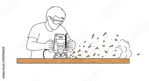 An outline illustration shows a person wearing safety glasses, operating a router tool on a wooden plank, generating wood chips.