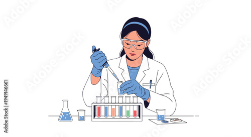 A focused female scientist in protective gear precisely transfers liquid with a pipette into a test tube within a clean laboratory setting.