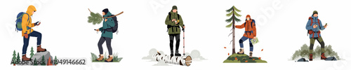 Set of flat vector illustrations depicting hikers and explorers navigating through various outdoor landscapes with backpacks, maps, and compasses.