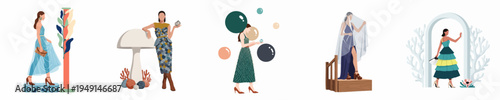 Flat illustration set of elegant women in stylish fashion outfits posing in surreal, nature-inspired settings on a white background.